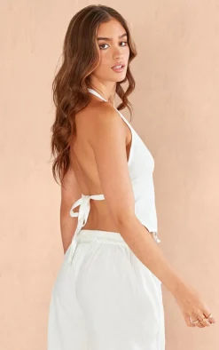 Outlet PrettyLittleThing Linen Look Open Back Halter Neck Top White