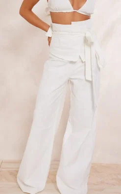 Online PrettyLittleThing Linen Look Oversized Belted High Waisted Wide Leg Pants White