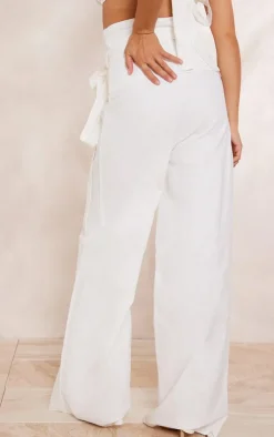 Online PrettyLittleThing Linen Look Oversized Belted High Waisted Wide Leg Pants White