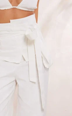 Online PrettyLittleThing Linen Look Oversized Belted High Waisted Wide Leg Pants White