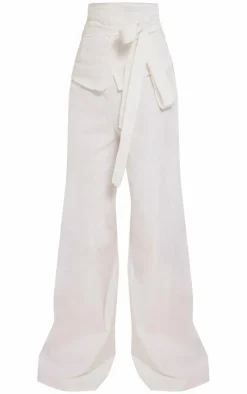 Online PrettyLittleThing Linen Look Oversized Belted High Waisted Wide Leg Pants White