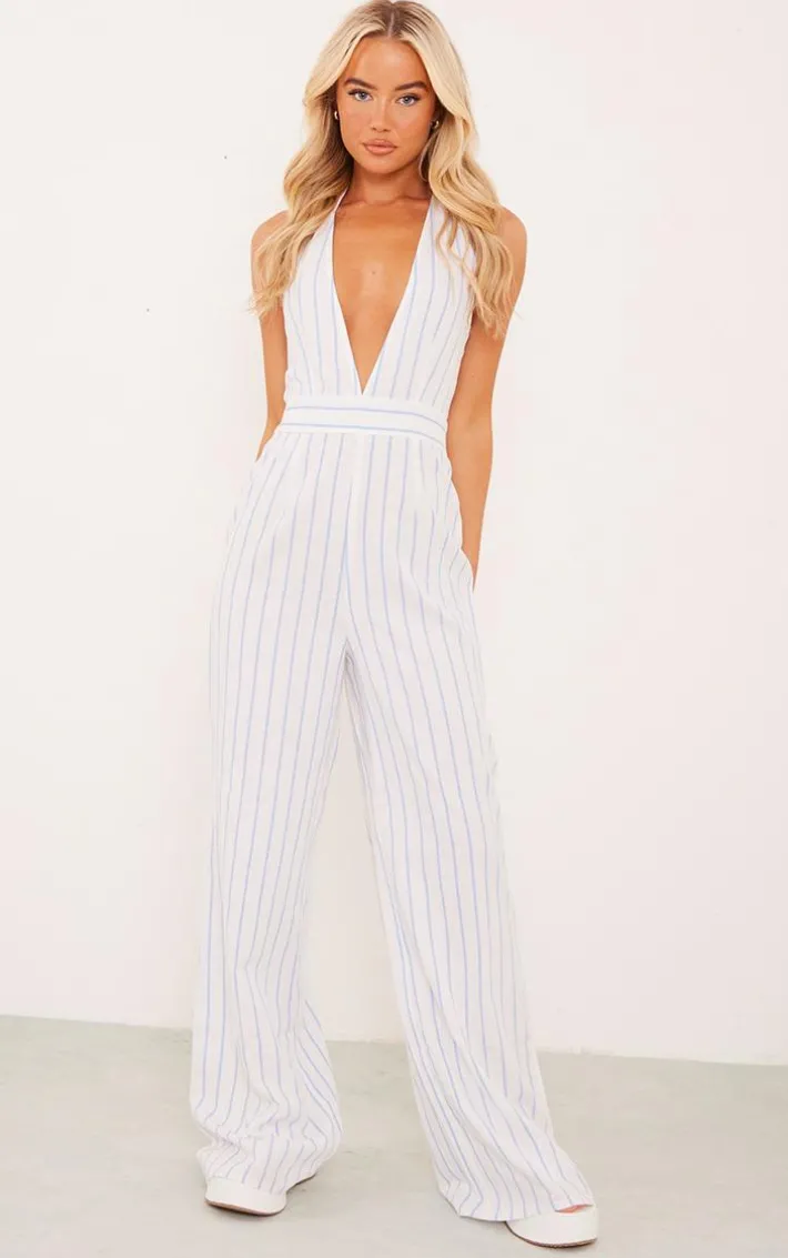 White Linen Look Pinstripe Plunge Halter Jumpsuit
