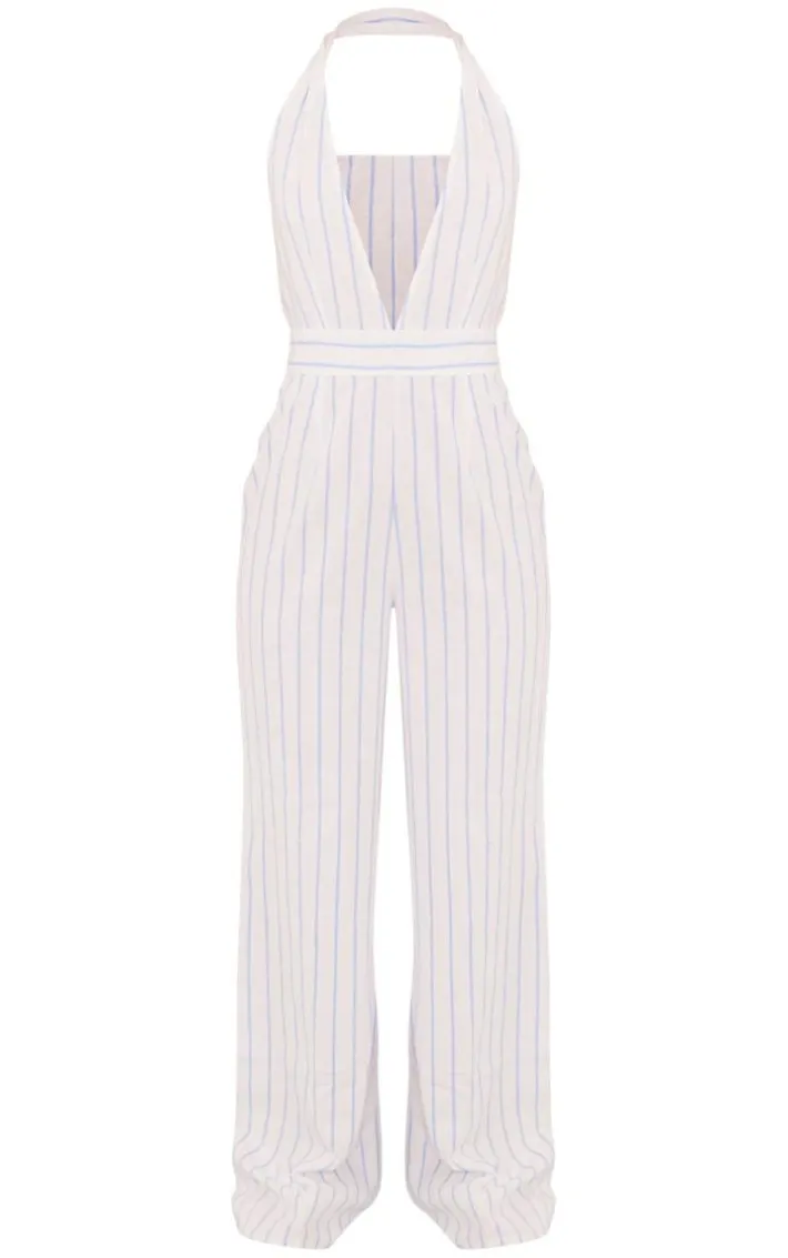 White Linen Look Pinstripe Plunge Halter Jumpsuit