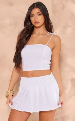 Outlet PrettyLittleThing Linen Look Straight Neck Long Cami Top White