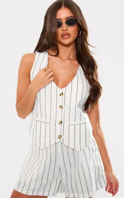 New PrettyLittleThing Linen Look Striped Tailored Floaty Shorts White