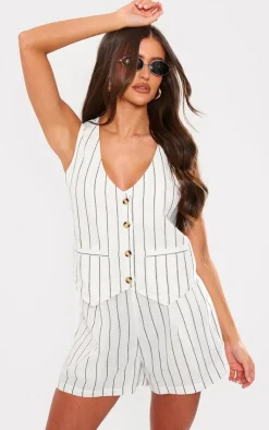 New PrettyLittleThing Linen Look Striped Tailored Longline Vest White
