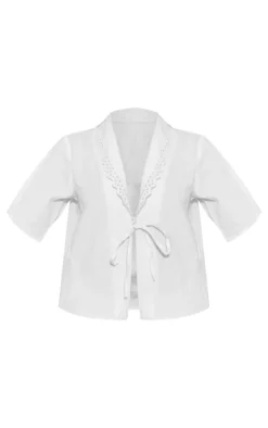 Discount PrettyLittleThing Linen Look Tie Front Shirt White