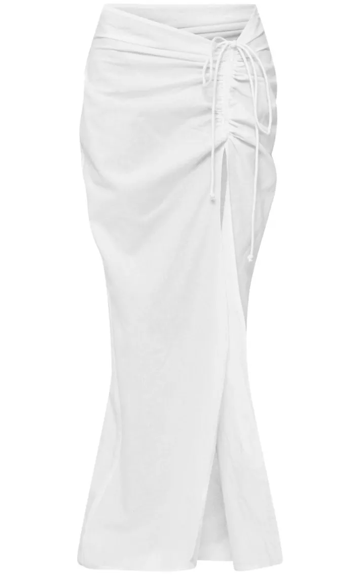White Linen Ruched Maxi Skirt