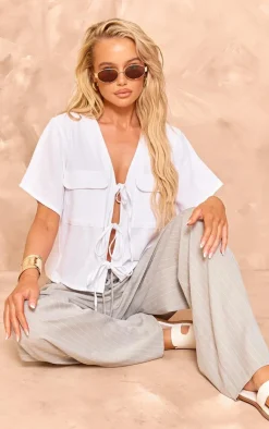 PrettyLittleThing Shirts*Linen Tie Front Pocket Detail Short Sleeve Shirt