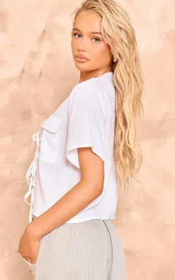 PrettyLittleThing Shirts*Linen Tie Front Pocket Detail Short Sleeve Shirt
