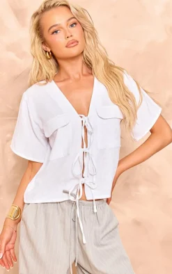 PrettyLittleThing Shirts*Linen Tie Front Pocket Detail Short Sleeve Shirt