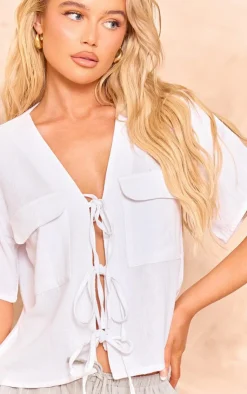 PrettyLittleThing Shirts*Linen Tie Front Pocket Detail Short Sleeve Shirt