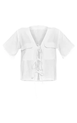 PrettyLittleThing Shirts*Linen Tie Front Pocket Detail Short Sleeve Shirt