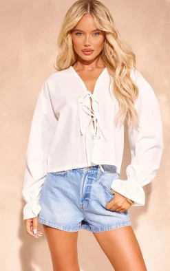PrettyLittleThing Shirts*Long Frill Sleeve Tie Blouse