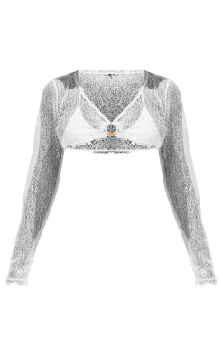 White Long Sleeve Net Crop Beach Top