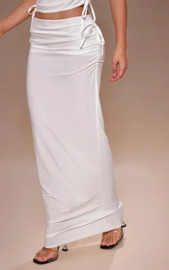 Online PrettyLittleThing Matte Touch Ruched Tie Maxi Skirt White