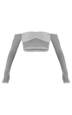 PrettyLittleThing Mesh Bardot Long Sleeve Crop Top White