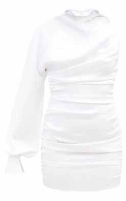 One Sleeve Ruched Woven Bodycon Dress-PrettyLittleThing Online