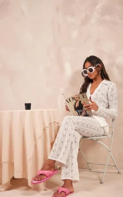 Online PrettyLittleThing Open Crochet Knit Pants White