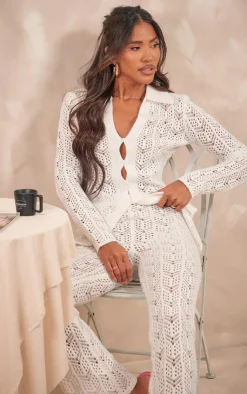 Online PrettyLittleThing Open Crochet Knit Pants White