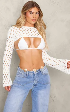 PrettyLittleThing Knitted Tops*Open Knit Flare Sleeves Knitted Top
