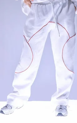 White Oversized Contrast Piping Straight Leg Sweatpants
