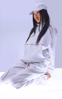 White Oversized Contrast Piping Straight Leg Sweatpants
