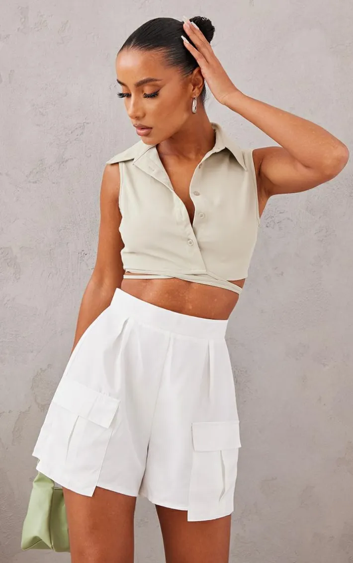 White Pocket Detail Cargo Shorts