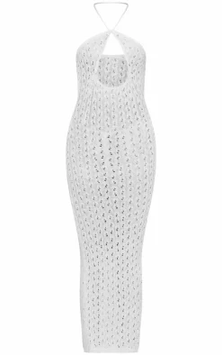 Pointelle Knit Cut Out Front Halterneck Maxi Dress-PrettyLittleThing Clearance