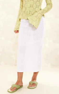 White Pointelle Low Rise Split Back Midaxi Skirt