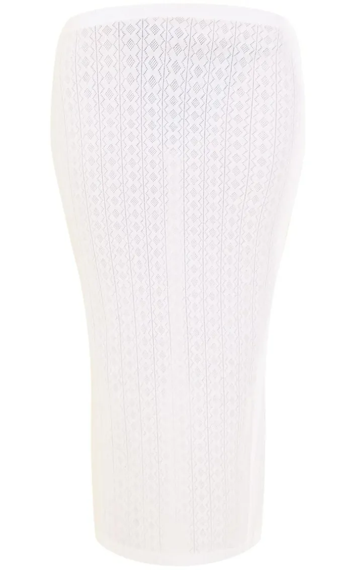 White Pointelle Low Rise Split Back Midaxi Skirt