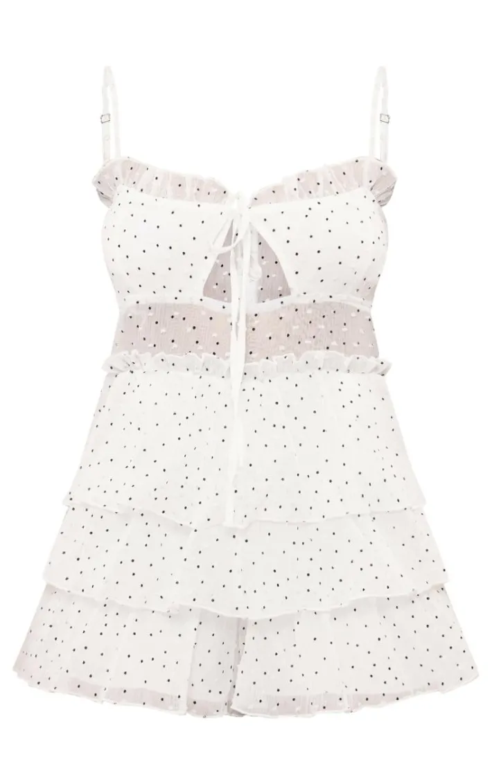 White Polka Dot Chiffon Strappy Tiered Romper