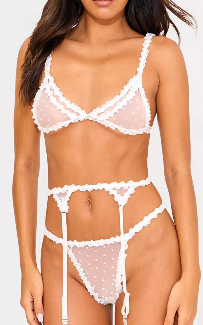White Polka Dot Mesh 3 Piece Lingerie Set