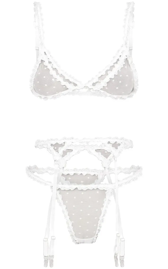 White Polka Dot Mesh 3 Piece Lingerie Set