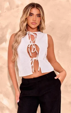 PrettyLittleThing Sleeveless Tops*Premium Linen Look Multi Tie Front Top