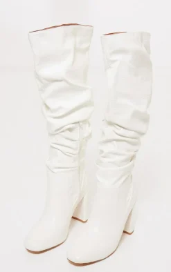 PrettyLittleThing High Heels*Pu Croc Round Toe Ruched Knee High Block Heeled Boots