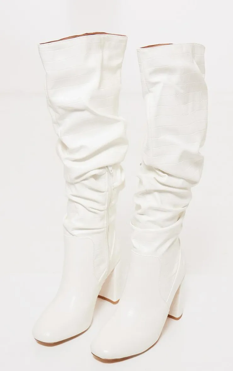 PrettyLittleThing High Heels*Pu Croc Round Toe Ruched Knee High Block Heeled Boots