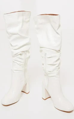 PrettyLittleThing High Heels*Pu Croc Round Toe Ruched Knee High Block Heeled Boots