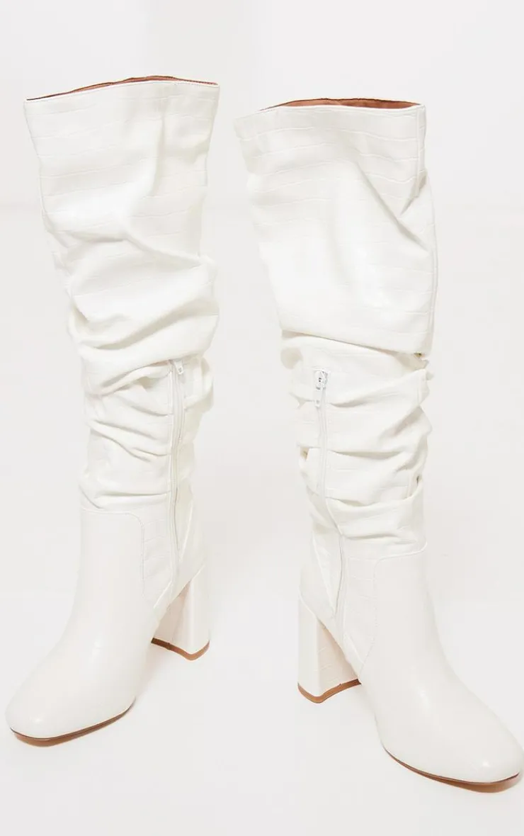 PrettyLittleThing High Heels*Pu Croc Round Toe Ruched Knee High Block Heeled Boots