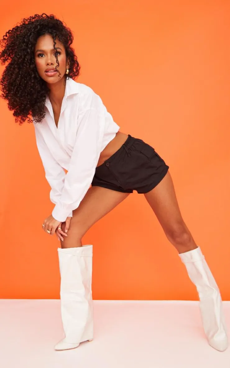 PrettyLittleThing Block Heels*PU Patent Croc Fold Over Block Heeled Knee High Boots
