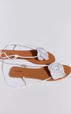 PrettyLittleThing Flat Sandals*Pu Round Toe Diamante Flower Lace Up Flat Sandals