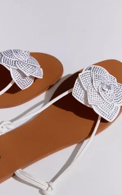 PrettyLittleThing Flat Sandals*Pu Round Toe Diamante Flower Lace Up Flat Sandals