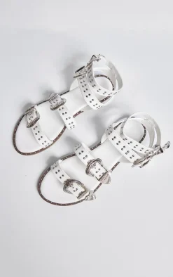 PrettyLittleThing Flat Sandals*PU Round Toe Studded Buckle Detail Gladiator Sandals