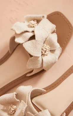 PrettyLittleThing Flat Sandals*Real Leather Square Toe Corsage Strap Detail Flat Sandals