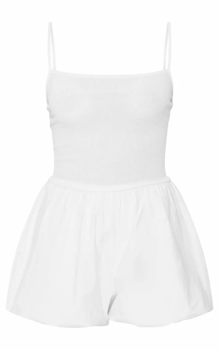 White Rib Contrast Puff Short Romper