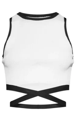 Outlet PrettyLittleThing Rib Knit Contrast Detailing Racer Neck Crop Top White