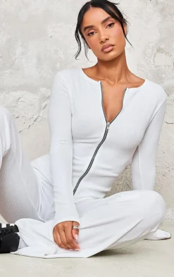 Discount PrettyLittleThing Rib Longline Zip Up Top White