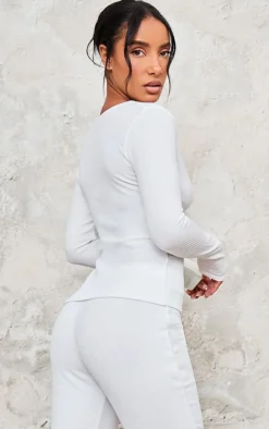 Discount PrettyLittleThing Rib Longline Zip Up Top White