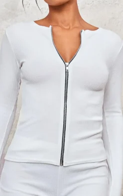 Discount PrettyLittleThing Rib Longline Zip Up Top White