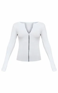 Discount PrettyLittleThing Rib Longline Zip Up Top White
